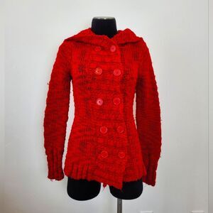 Vintage Y2K Wet Seal Wool Blend Cardigan Hooded Red Chunky Knit Buttons Small
